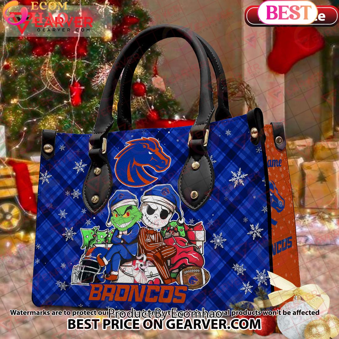 NCAA Boise State Broncos Grinch And Jack Skellington Christmas Women Leather Hand Bag