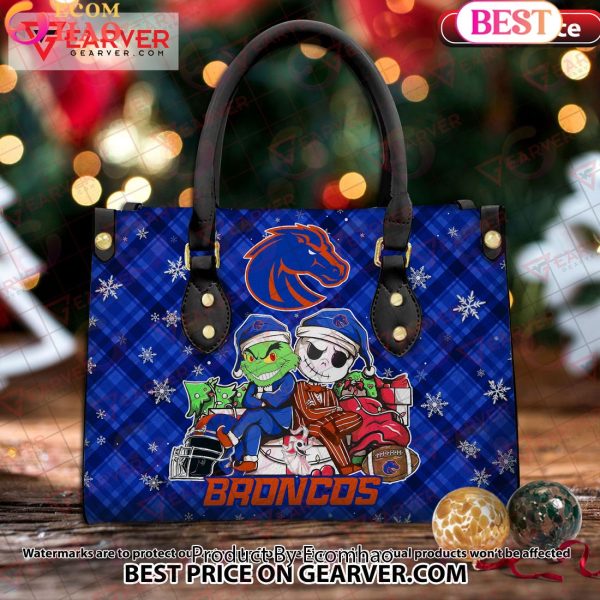 NCAA Boise State Broncos Grinch And Jack Skellington Christmas Women Leather Hand Bag
