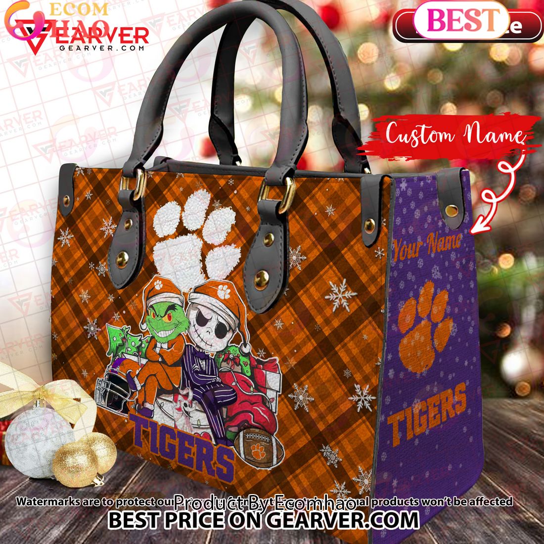 NCAA Clemson Tigers Grinch And Jack Skellington Christmas Women Leather Hand Bag