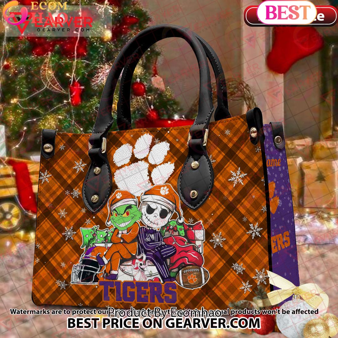 NCAA Clemson Tigers Grinch And Jack Skellington Christmas Women Leather Hand Bag