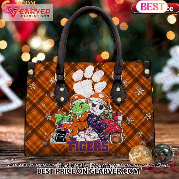 NCAA Clemson Tigers Grinch And Jack Skellington Christmas Women Leather Hand Bag