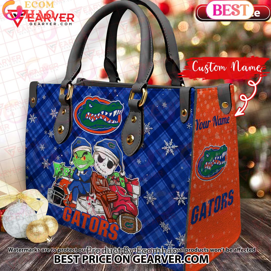 NCAA Florida Gators Grinch And Jack Skellington Christmas Women Leather Hand Bag