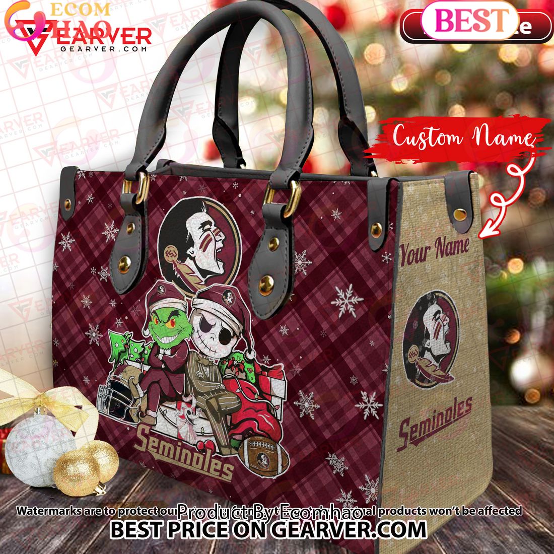 NCAA Florida State Seminoles Grinch And Jack Skellington Christmas Women Leather Hand Bag