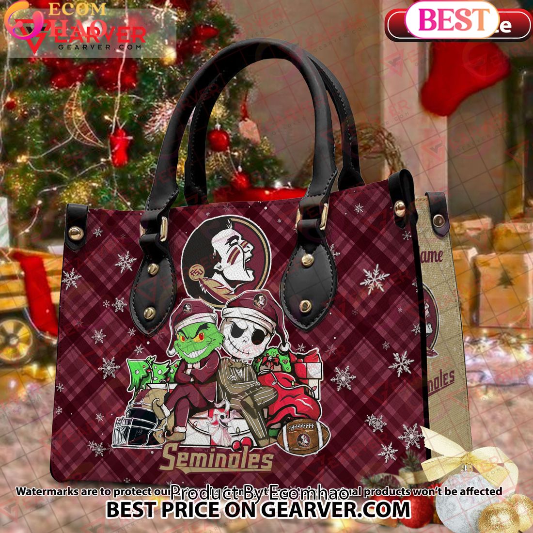 NCAA Florida State Seminoles Grinch And Jack Skellington Christmas Women Leather Hand Bag