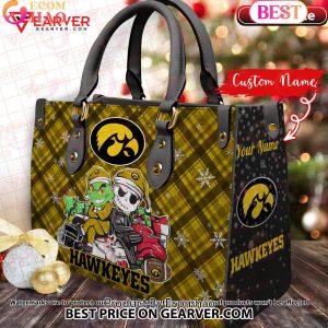 NCAA Iowa Hawkeyes Grinch And Jack Skellington Christmas Women Leather Hand Bag