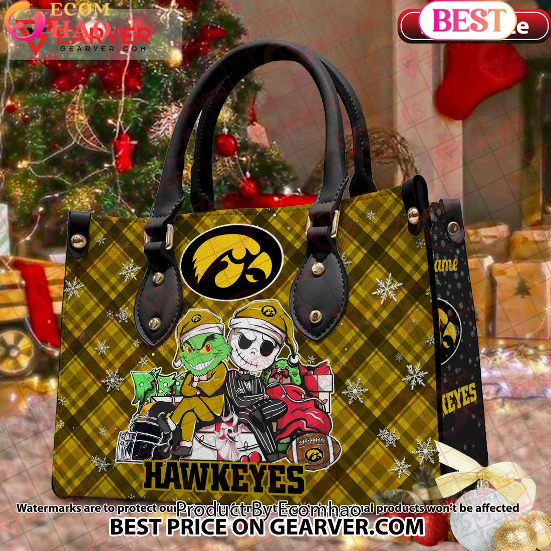 NCAA Iowa Hawkeyes Grinch And Jack Skellington Christmas Women Leather Hand Bag