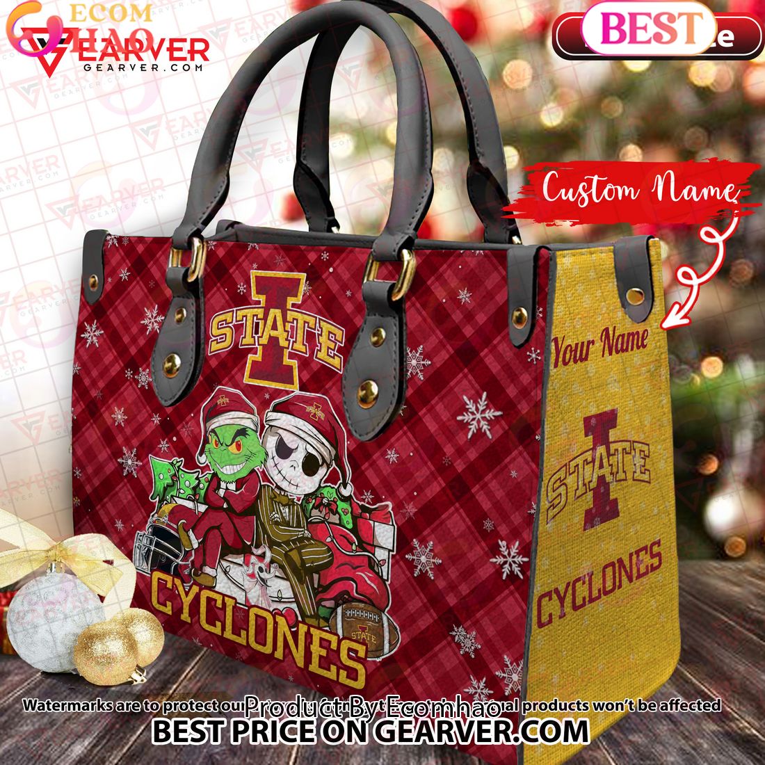 NCAA Iowa State Cyclones Grinch And Jack Skellington Christmas Women Leather Hand Bag