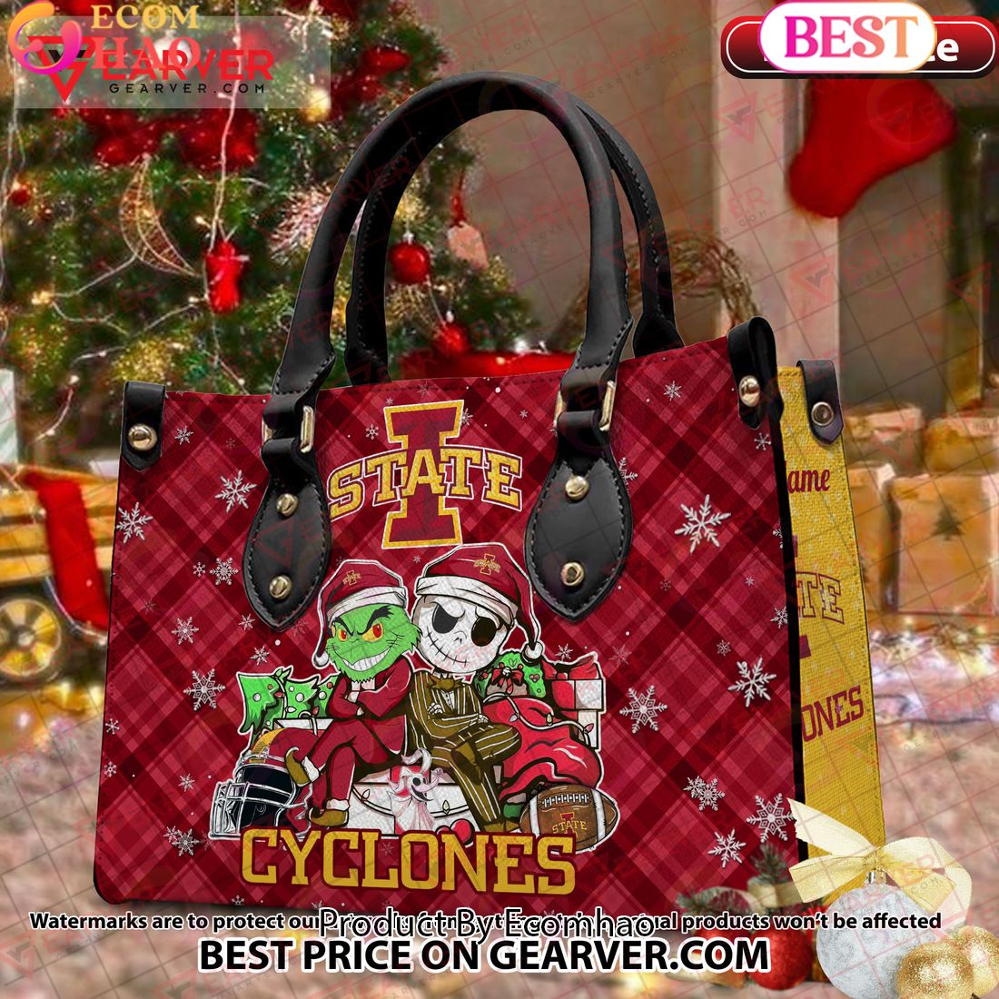 NCAA Iowa State Cyclones Grinch And Jack Skellington Christmas Women Leather Hand Bag