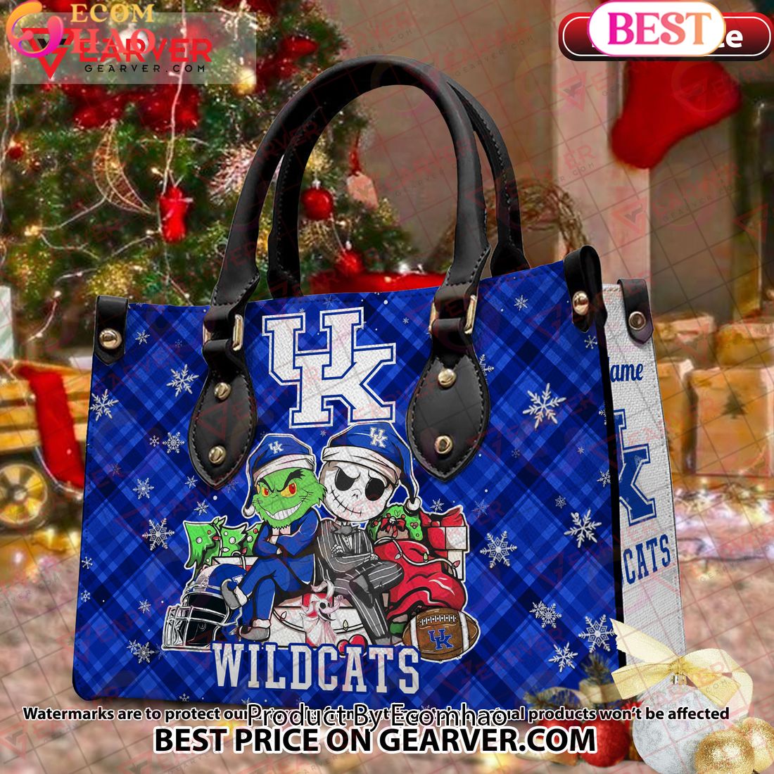 NCAA Kentucky Wildcats Grinch And Jack Skellington Christmas Women Leather Hand Bag