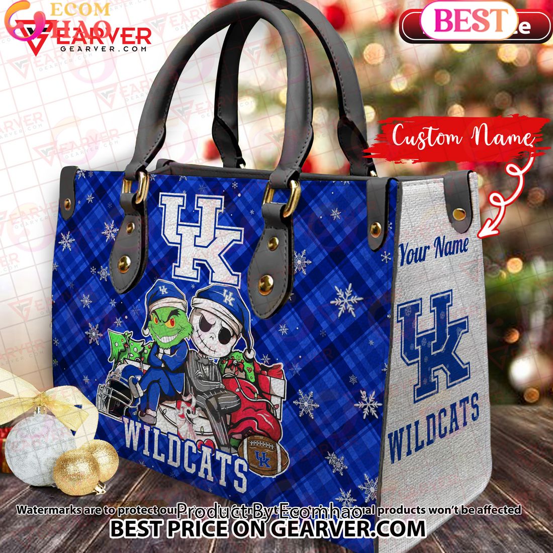 NCAA Kentucky Wildcats Grinch And Jack Skellington Christmas Women Leather Hand Bag