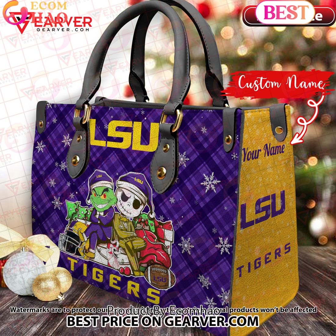 NCAA LSU Tigers Grinch And Jack Skellington Christmas Women Leather Hand Bag