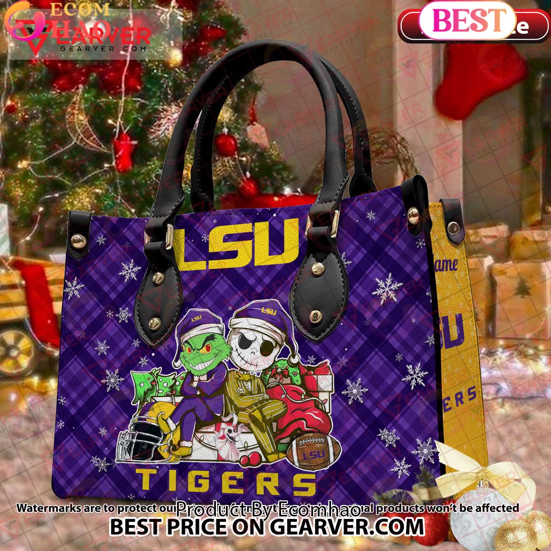 NCAA LSU Tigers Grinch And Jack Skellington Christmas Women Leather Hand Bag