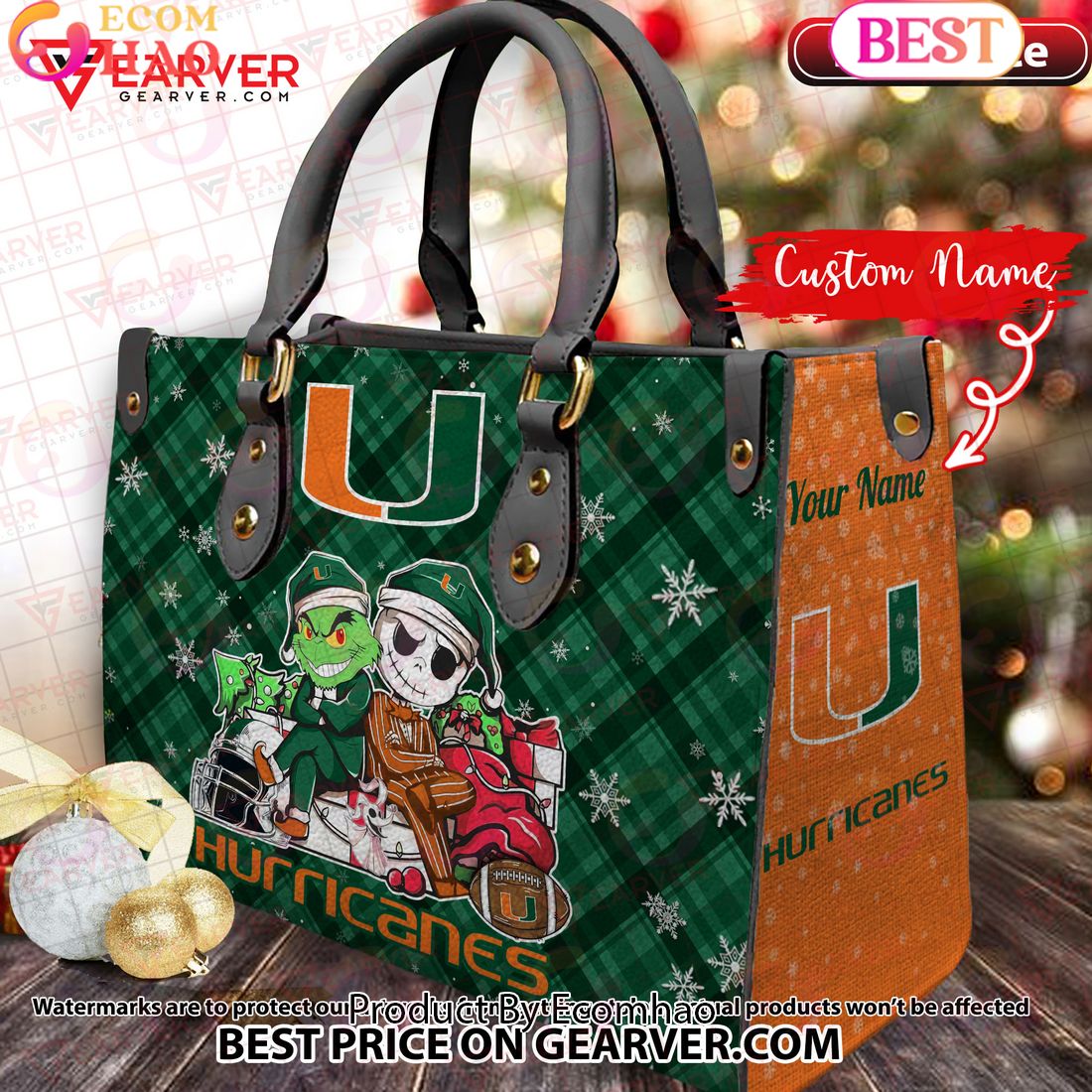 NCAA Miami Hurricanes Grinch And Jack Skellington Christmas Women Leather Hand Bag