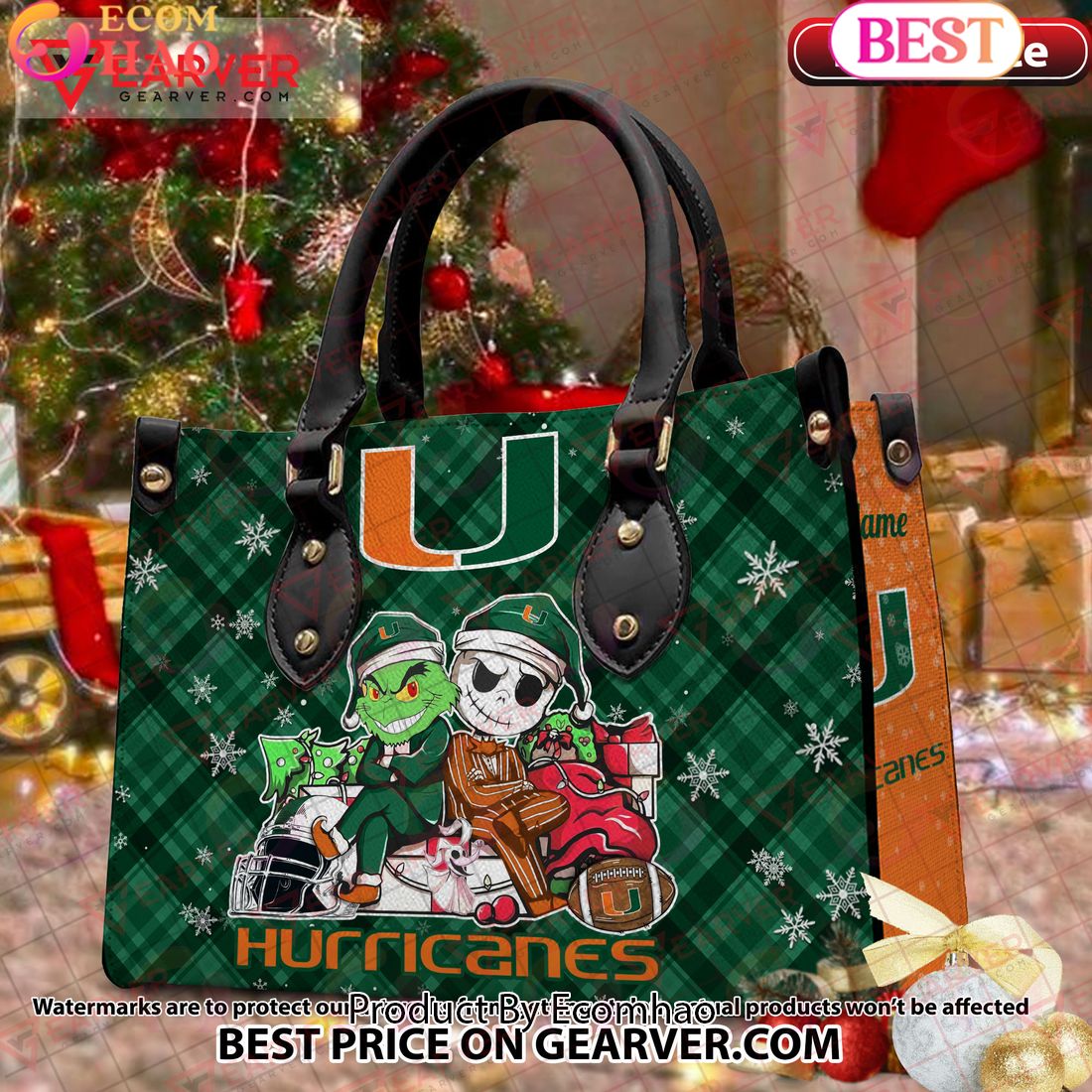 NCAA Miami Hurricanes Grinch And Jack Skellington Christmas Women Leather Hand Bag