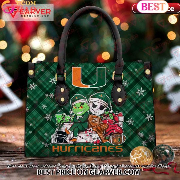 NCAA Miami Hurricanes Grinch And Jack Skellington Christmas Women Leather Hand Bag