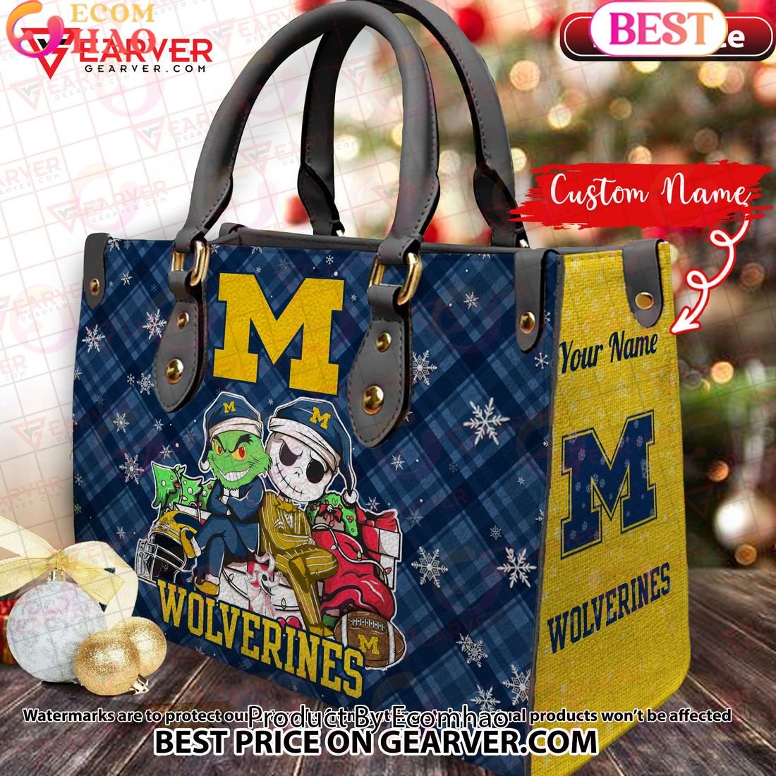 NCAA Michigan Wolverines Grinch And Jack Skellington Christmas Women Leather Hand Bag