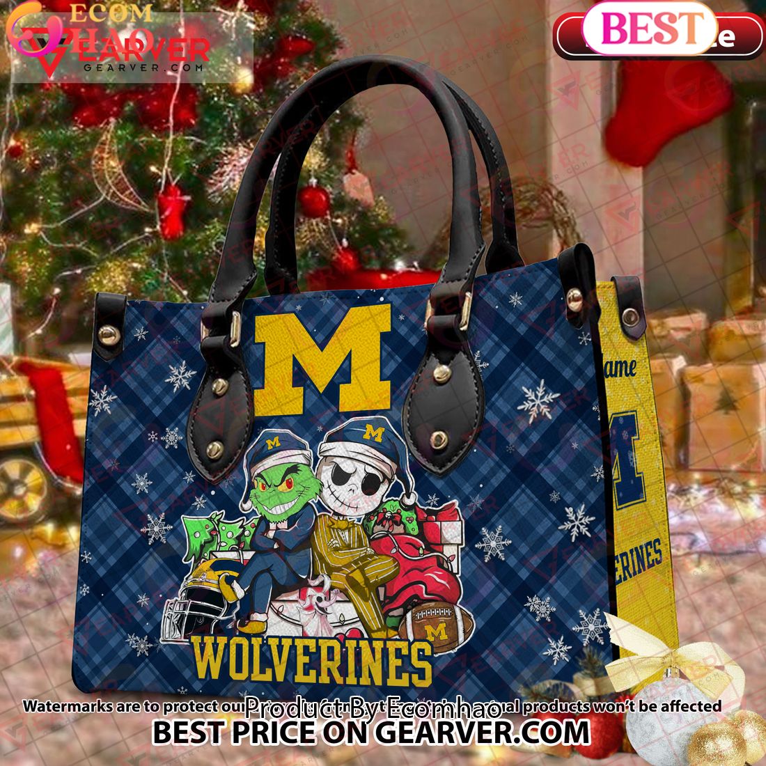 NCAA Michigan Wolverines Grinch And Jack Skellington Christmas Women Leather Hand Bag