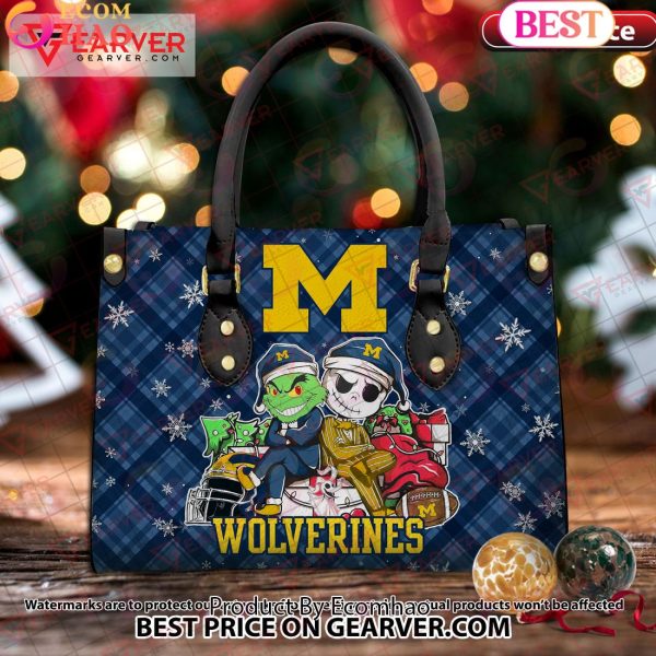 NCAA Michigan Wolverines Grinch And Jack Skellington Christmas Women Leather Hand Bag