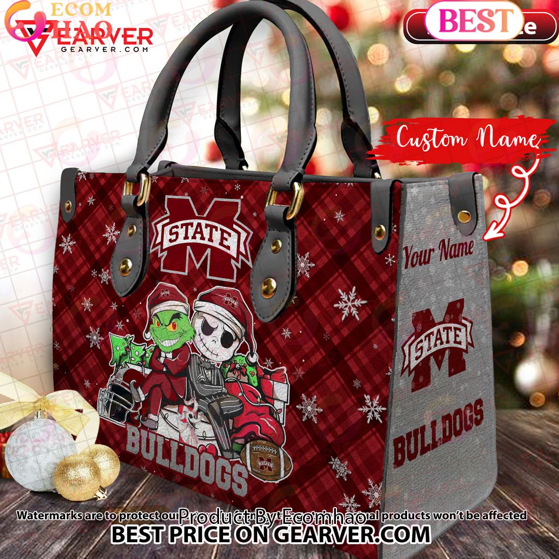 NCAA Mississippi State Bulldogs Grinch And Jack Skellington Christmas Women Leather Hand Bag