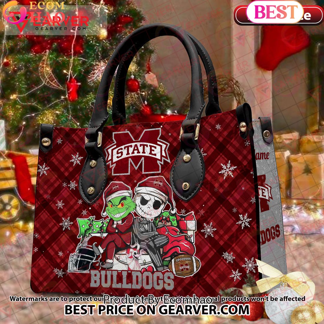 NCAA Mississippi State Bulldogs Grinch And Jack Skellington Christmas Women Leather Hand Bag