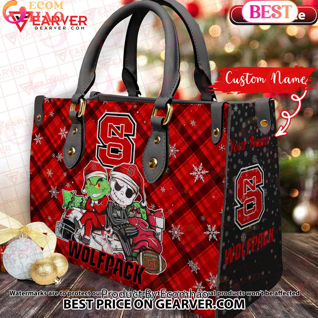 NCAA NC State Wolfpack Grinch And Jack Skellington Christmas Women Leather Hand Bag