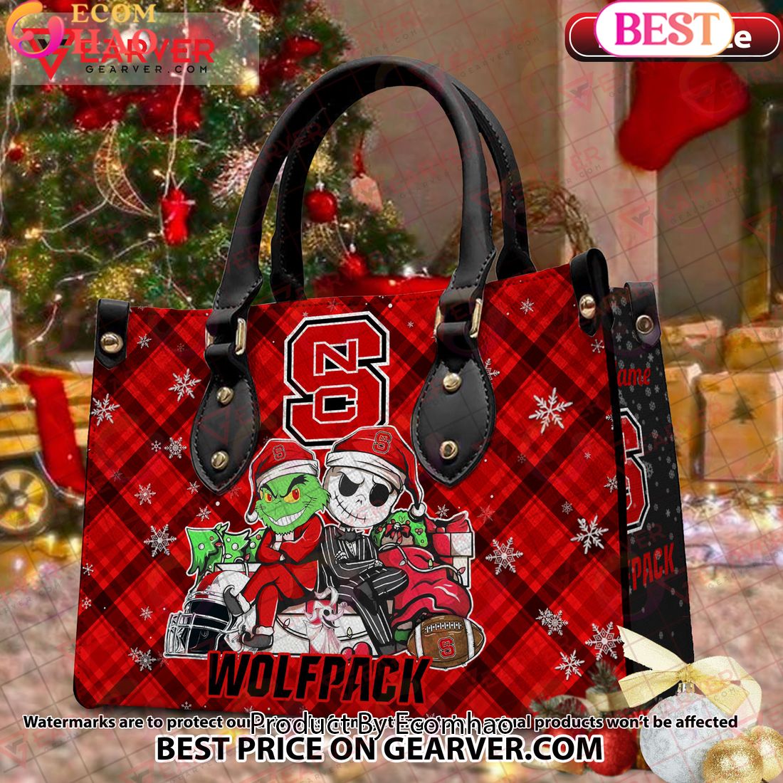 NCAA NC State Wolfpack Grinch And Jack Skellington Christmas Women Leather Hand Bag