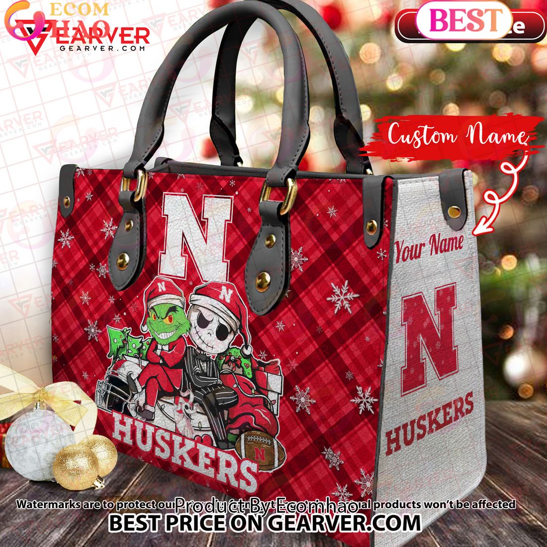 NCAA Nebraska Cornhuskers Grinch And Jack Skellington Christmas Women Leather Hand Bag