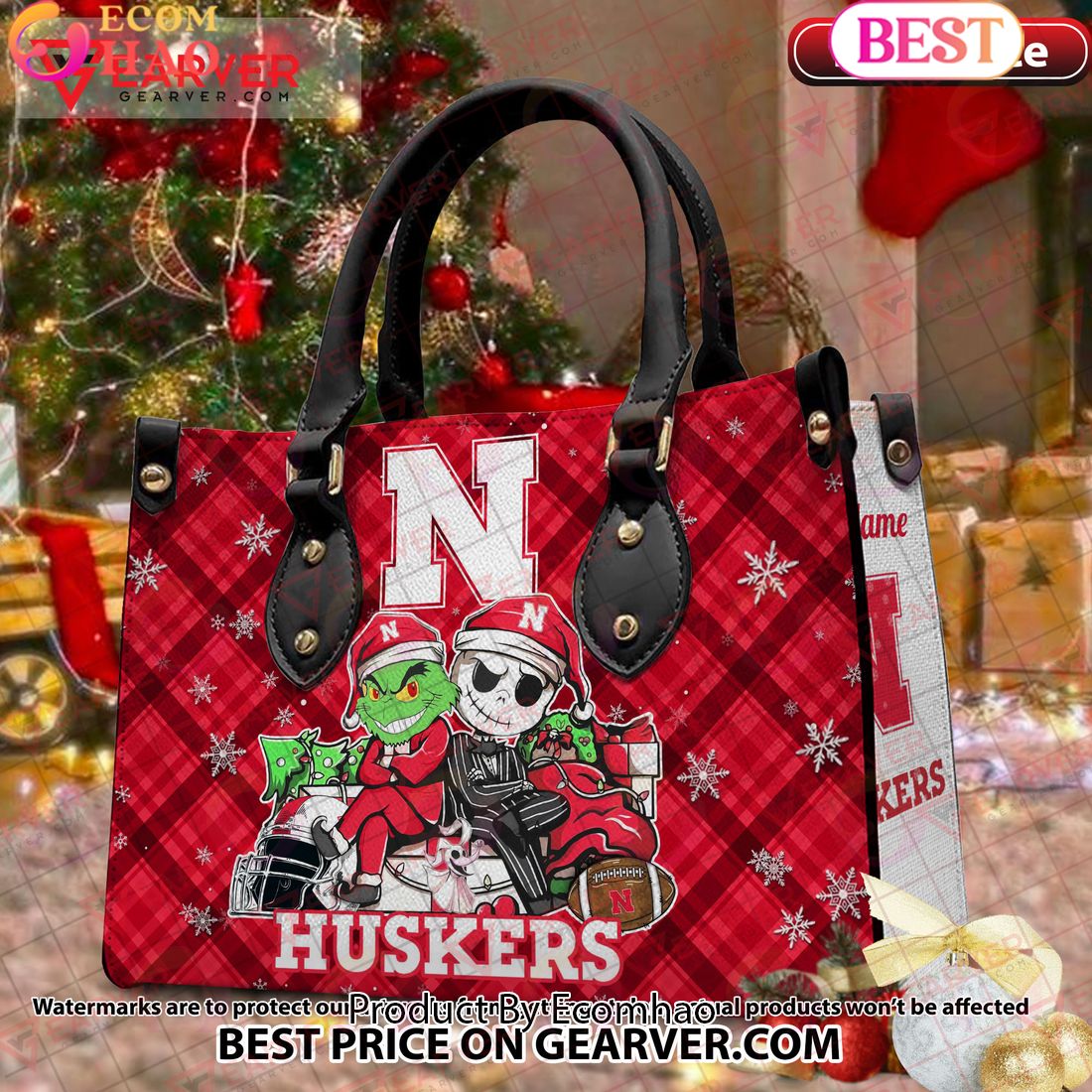 NCAA Nebraska Cornhuskers Grinch And Jack Skellington Christmas Women Leather Hand Bag