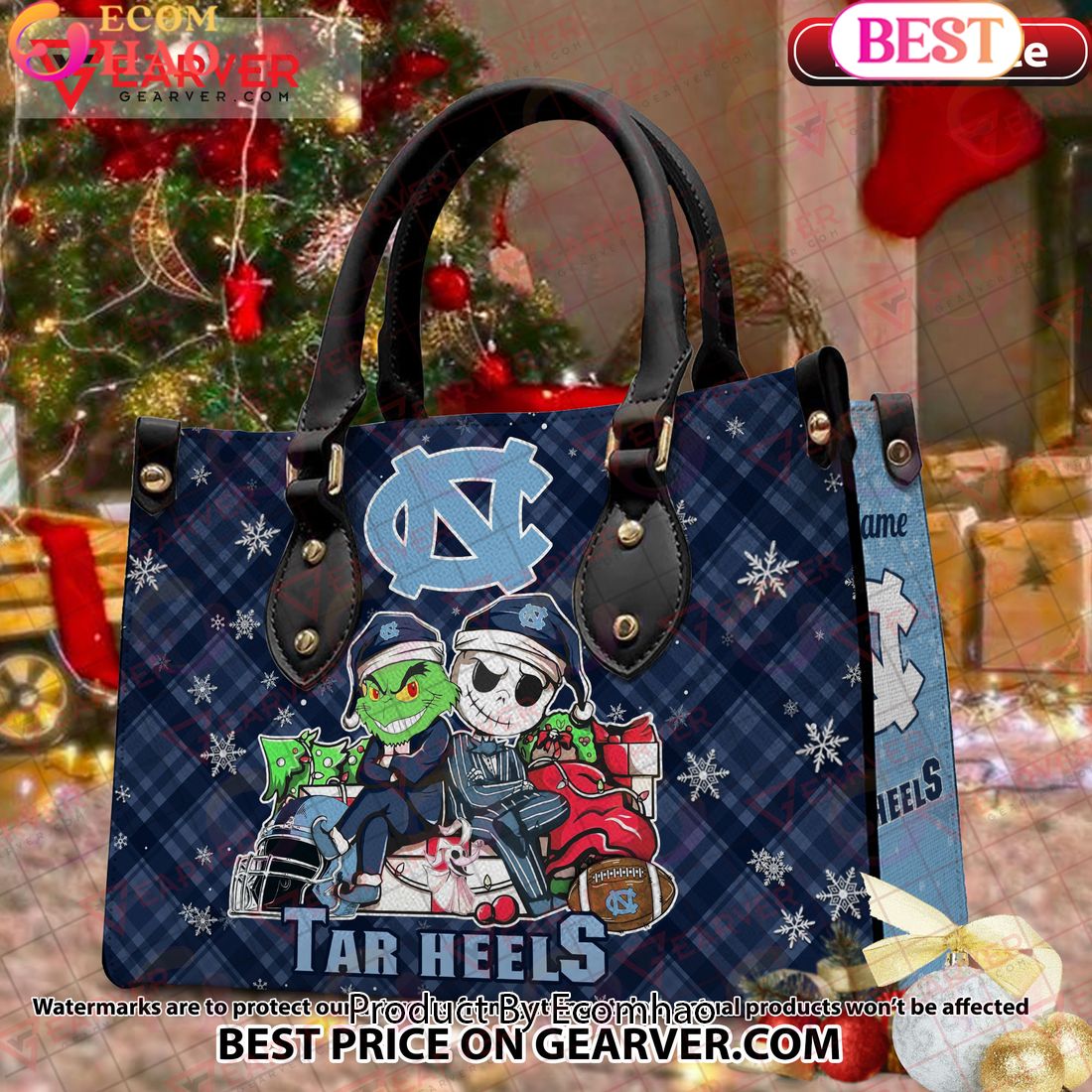 NCAA North Carolina Tar Heels Grinch And Jack Skellington Christmas Women Leather Hand Bag