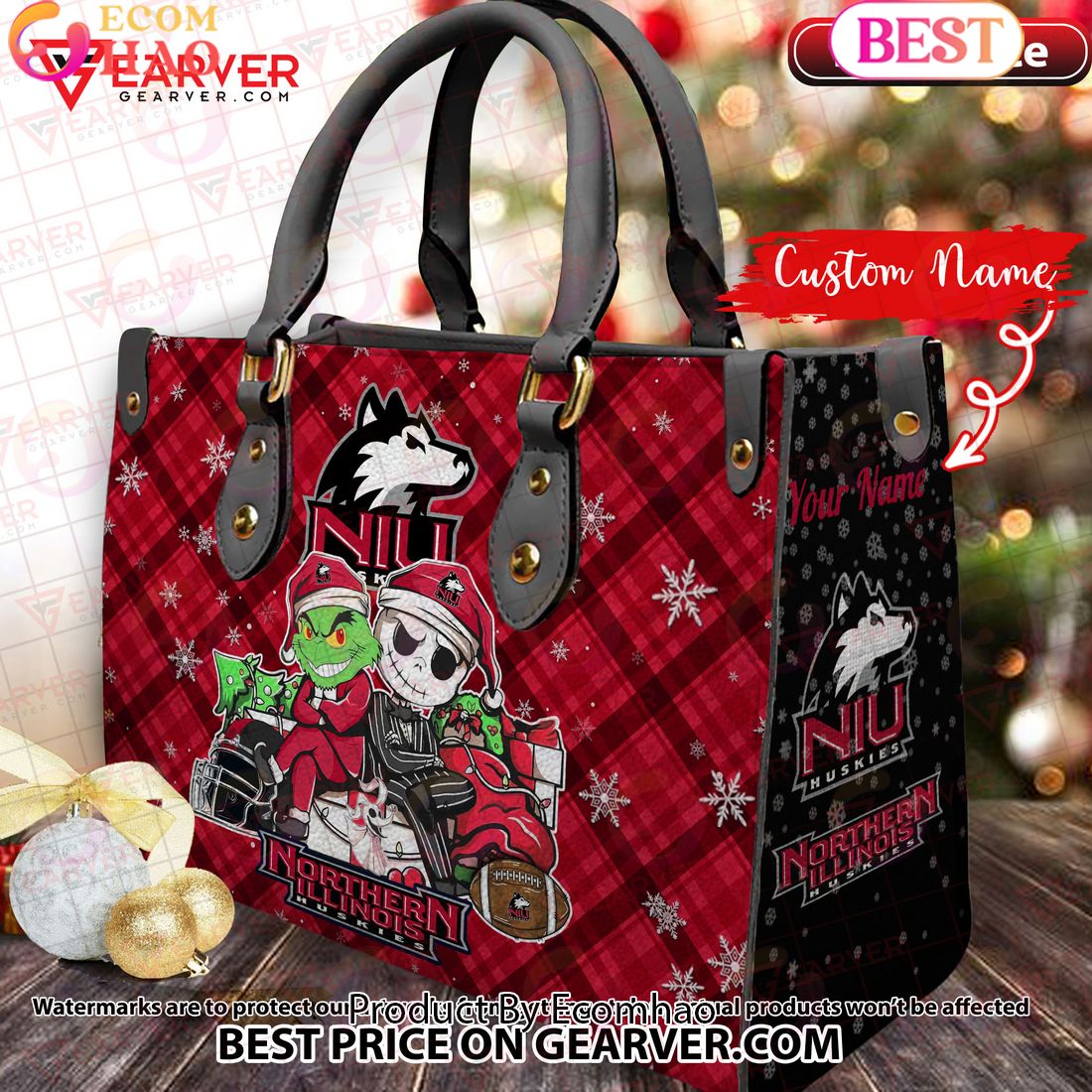 NCAA Northern Illinois Huskies Grinch And Jack Skellington Christmas Women Leather Hand Bag