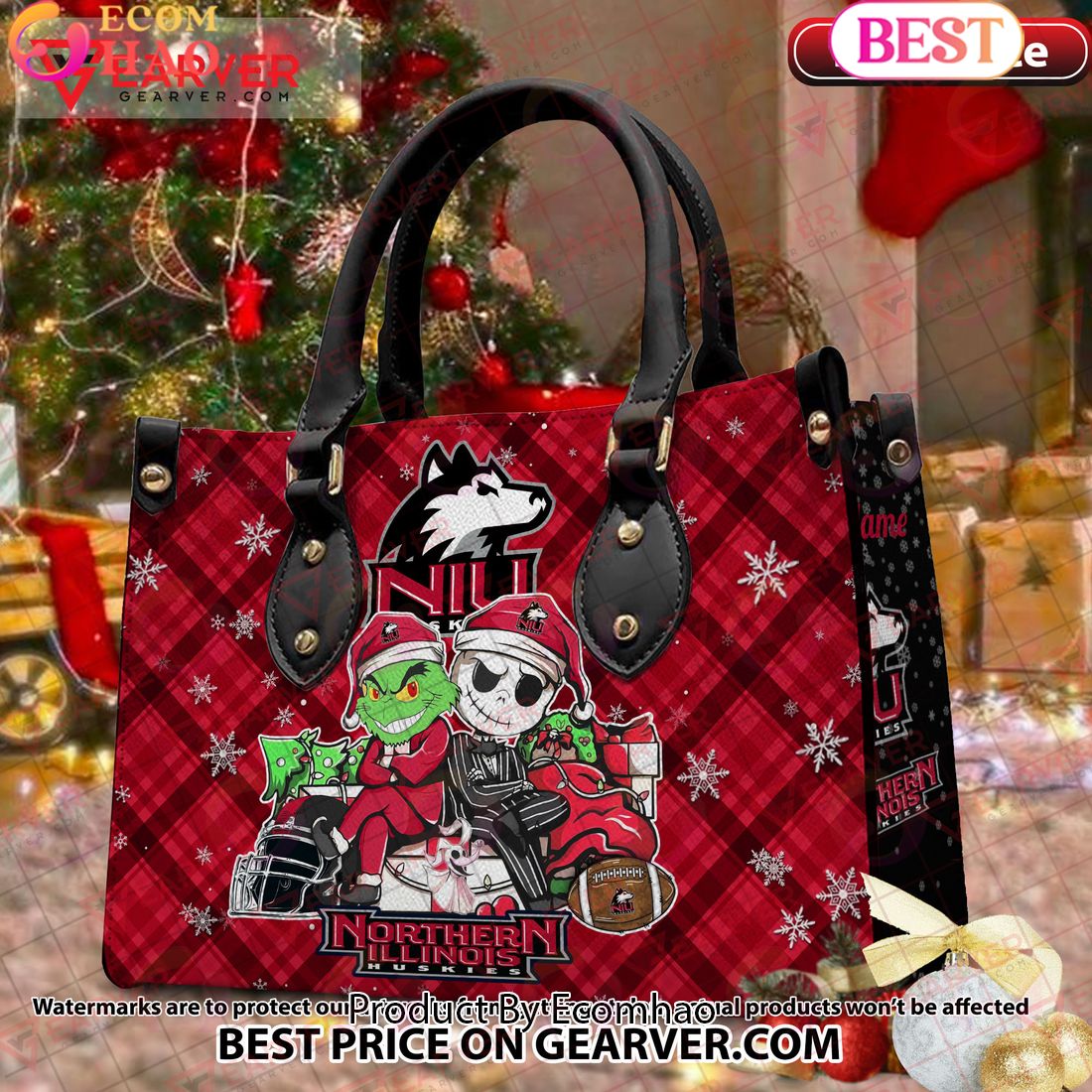 NCAA Northern Illinois Huskies Grinch And Jack Skellington Christmas Women Leather Hand Bag