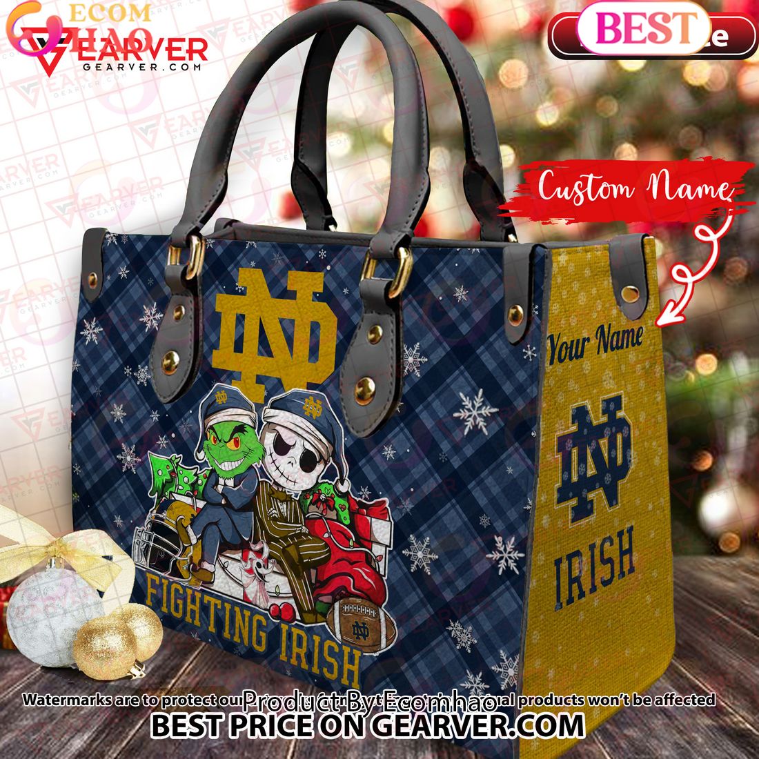 NCAA Notre Dame Fighting Irish Grinch And Jack Skellington Christmas Women Leather Hand Bag