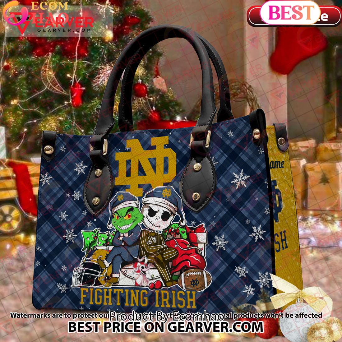 NCAA Notre Dame Fighting Irish Grinch And Jack Skellington Christmas Women Leather Hand Bag