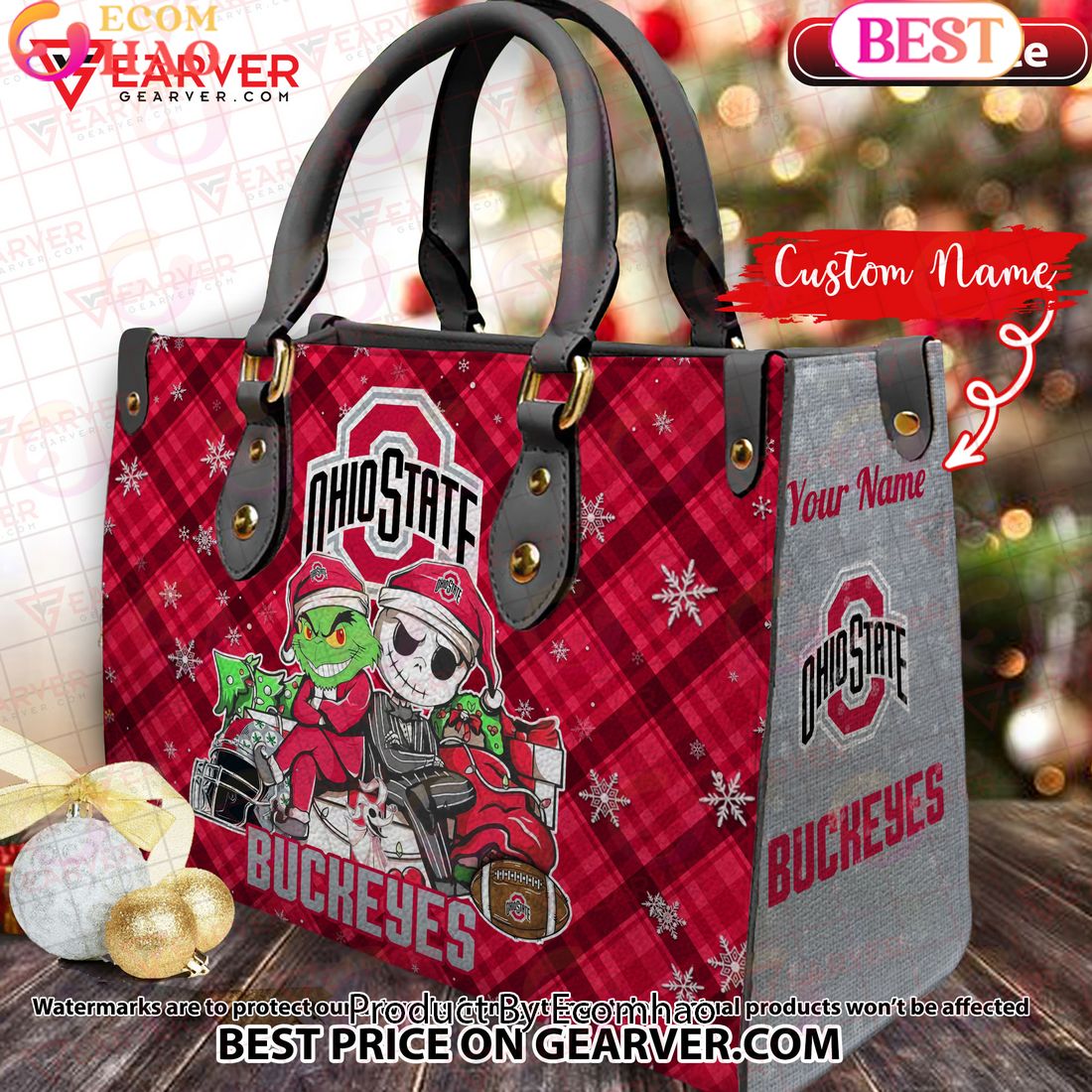 NCAA Ohio State Buckeyes Grinch And Jack Skellington Christmas Women Leather Hand Bag