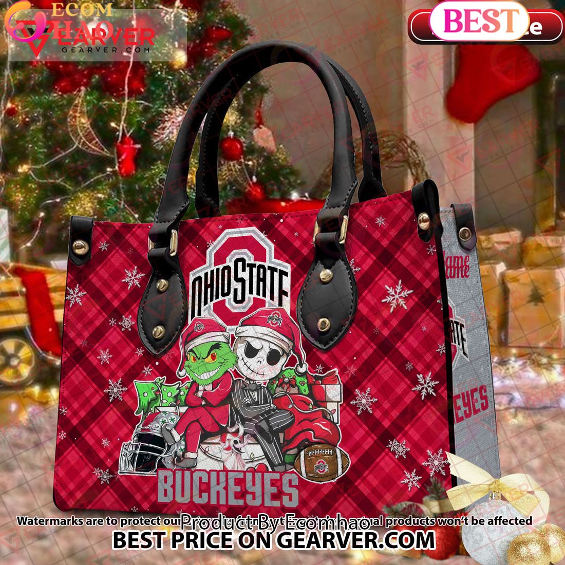 NCAA Ohio State Buckeyes Grinch And Jack Skellington Christmas Women Leather Hand Bag