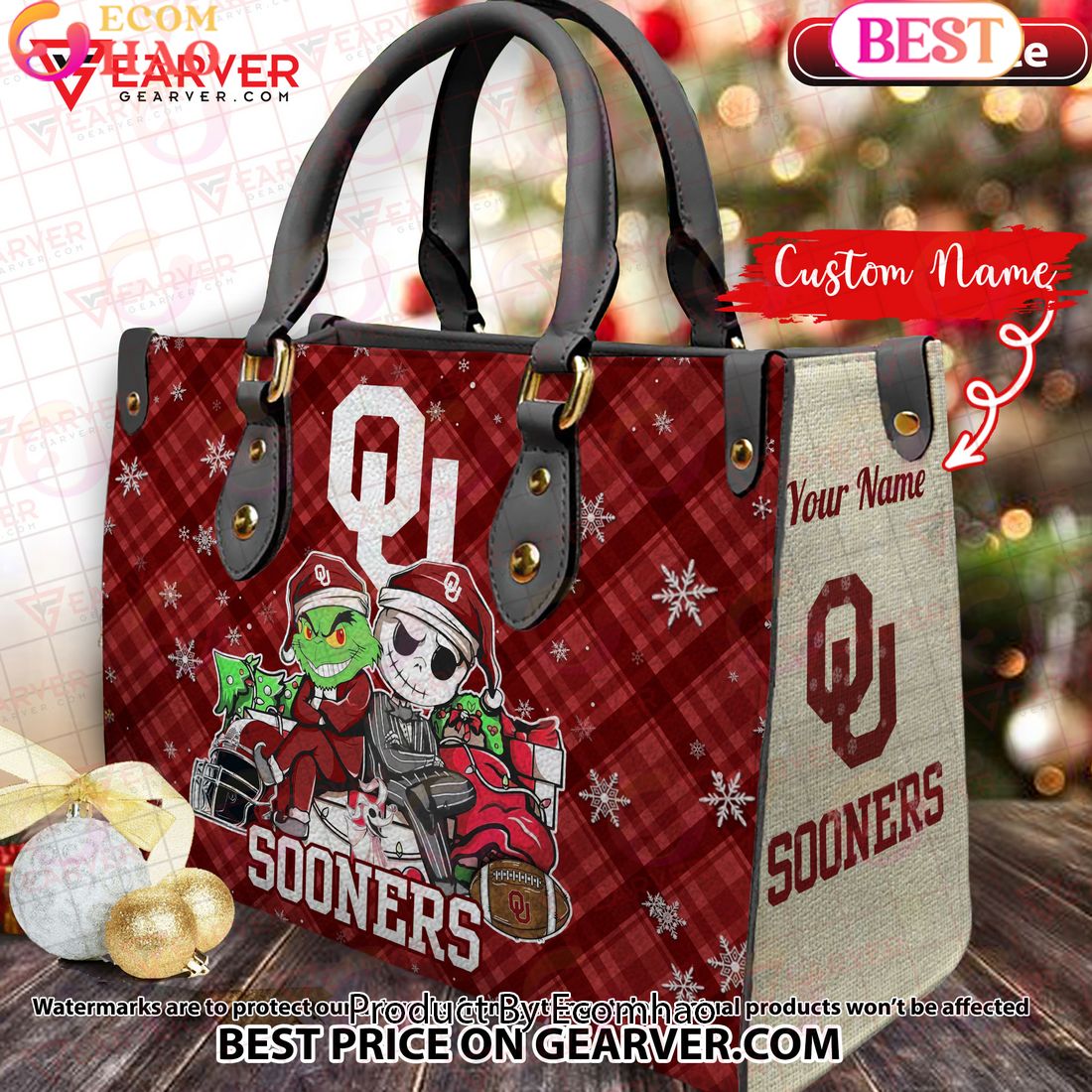 NCAA Oklahoma Sooners Grinch And Jack Skellington Christmas Women Leather Hand Bag