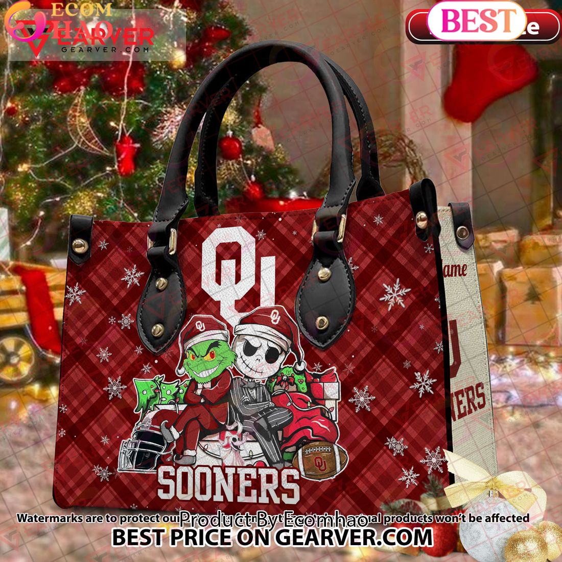 NCAA Oklahoma Sooners Grinch And Jack Skellington Christmas Women Leather Hand Bag