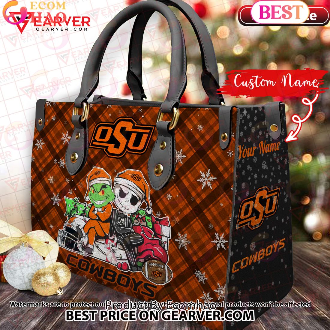 NCAA North Carolina Tar Heels Grinch And Jack Skellington Christmas Women Leather Hand Bag