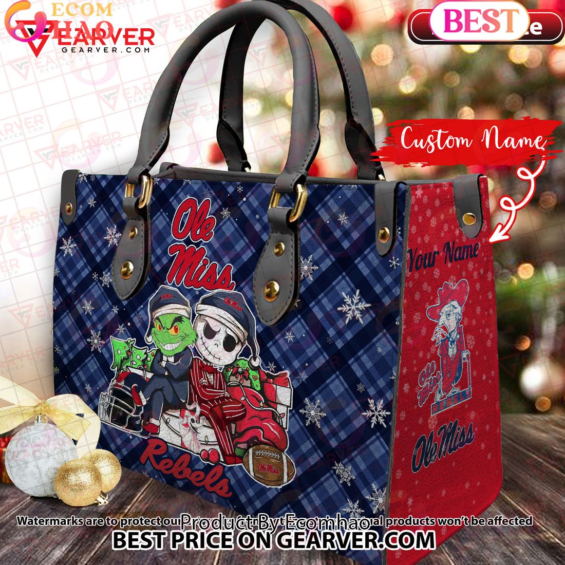 NCAA Ole Miss Rebels Grinch And Jack Skellington Christmas Women Leather Hand Bag