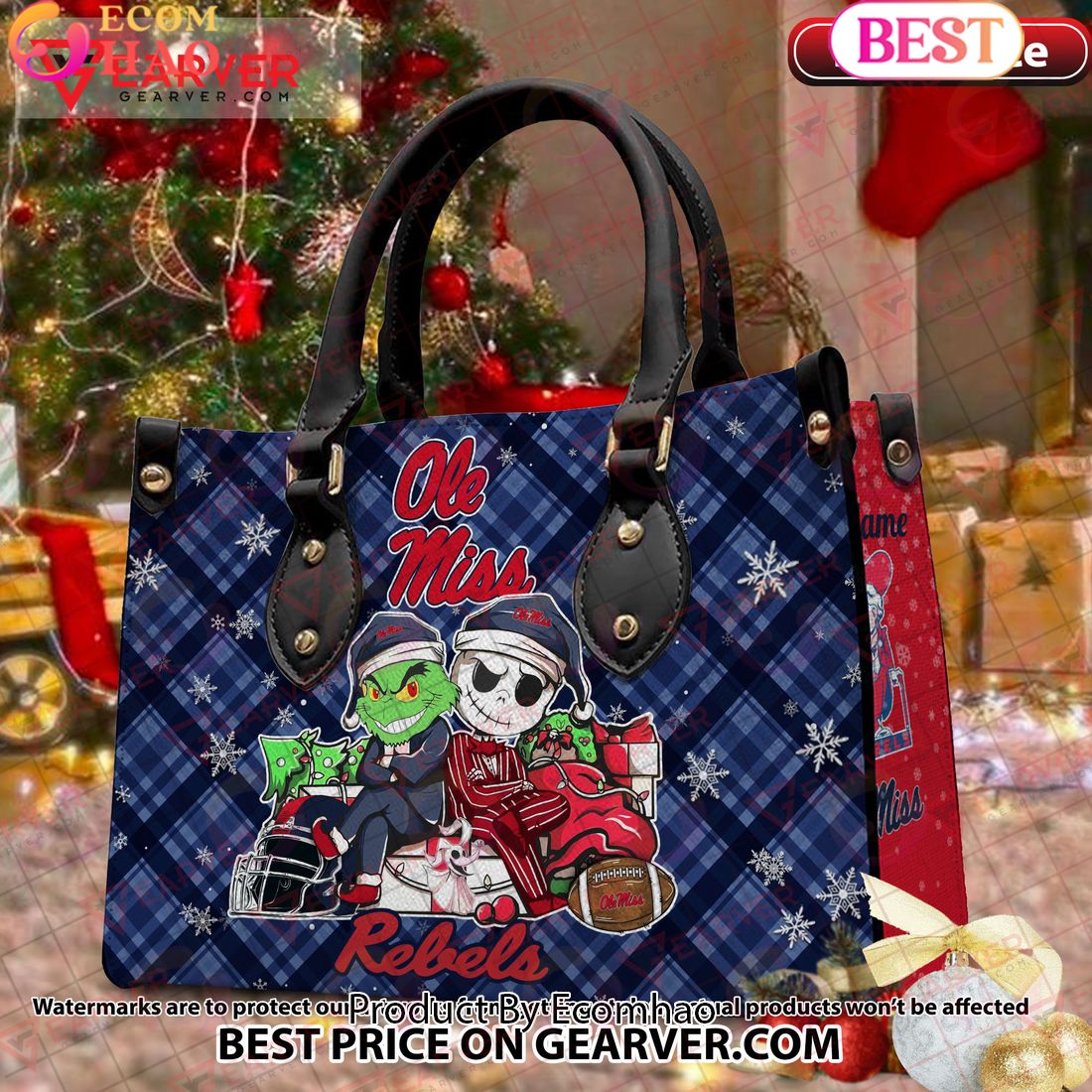 NCAA Ole Miss Rebels Grinch And Jack Skellington Christmas Women Leather Hand Bag