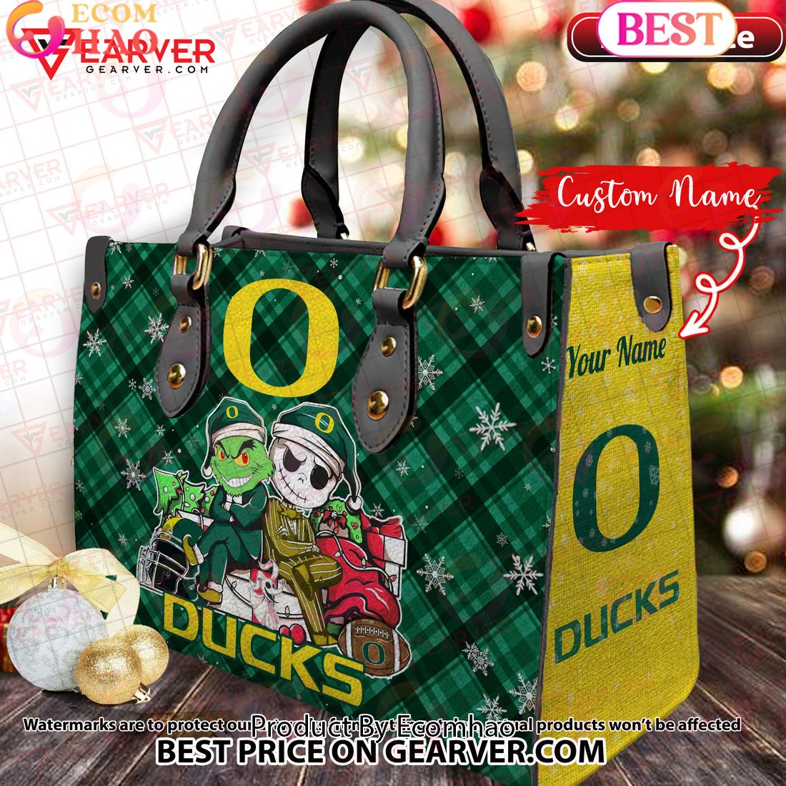 NCAA Oregon Ducks Grinch And Jack Skellington Christmas Women Leather Hand Bag