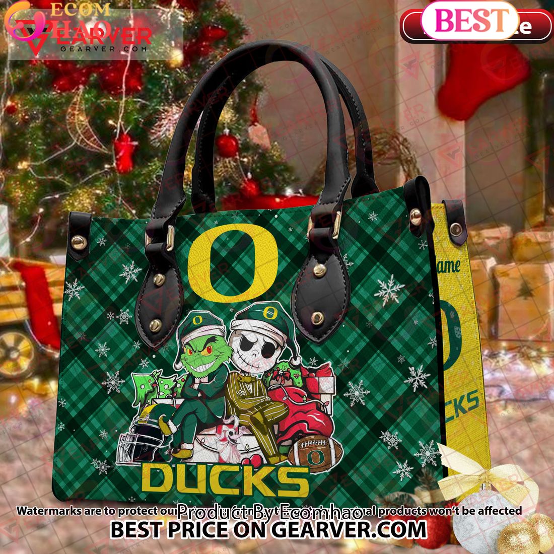 NCAA Oregon Ducks Grinch And Jack Skellington Christmas Women Leather Hand Bag