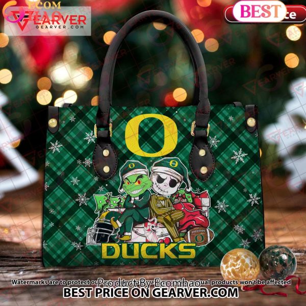 NCAA Oregon Ducks Grinch And Jack Skellington Christmas Women Leather Hand Bag