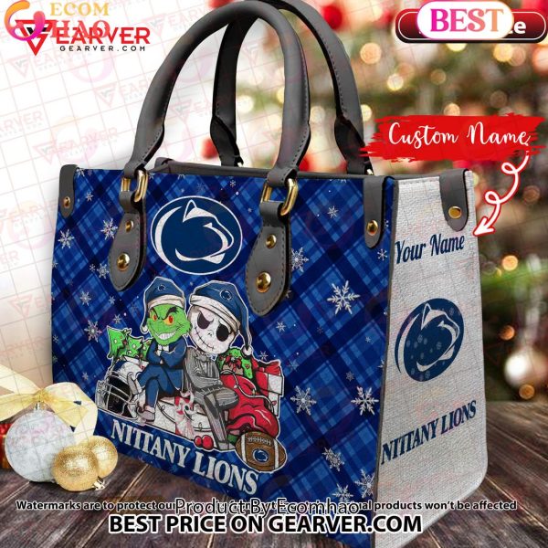 NCAA Penn State Nittany Lions Grinch And Jack Skellington Christmas Women Leather Hand Bag