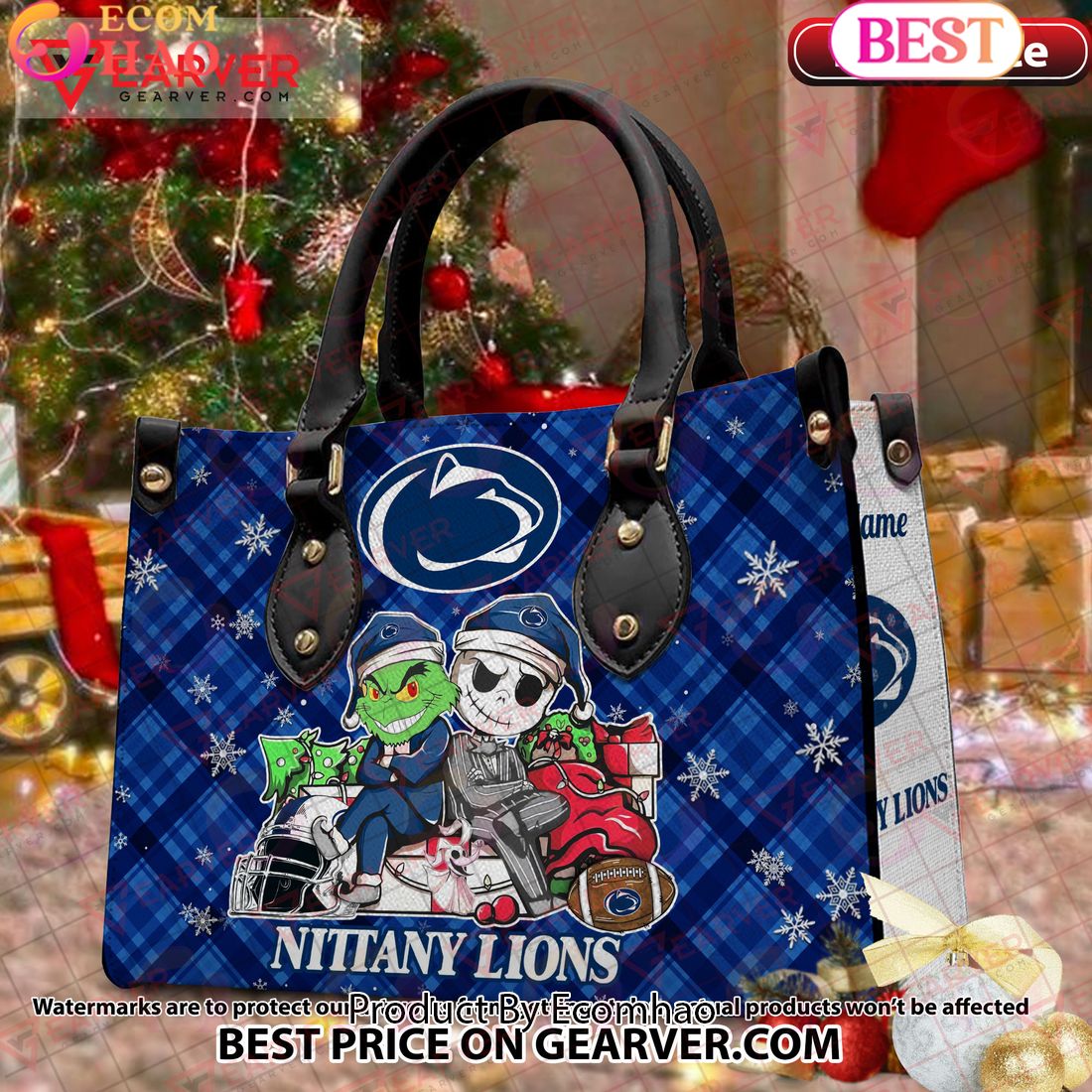 NCAA Penn State Nittany Lions Grinch And Jack Skellington Christmas Women Leather Hand Bag