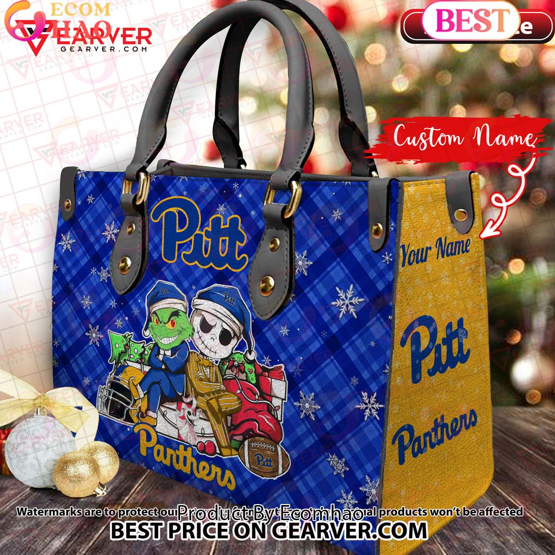 NCAA Pittsburgh Panthers Grinch And Jack Skellington Christmas Women Leather Hand Bag