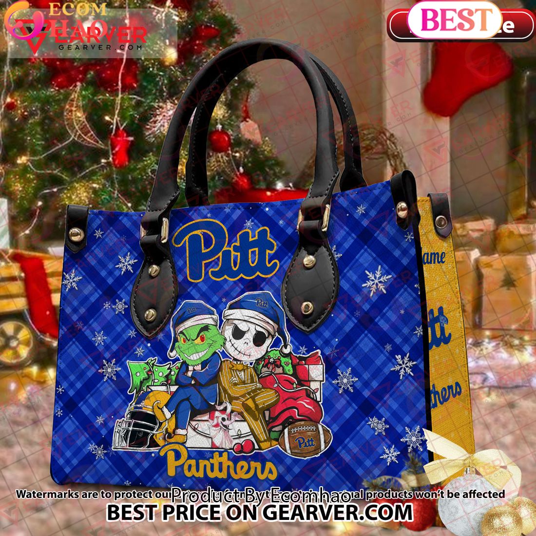 NCAA Pittsburgh Panthers Grinch And Jack Skellington Christmas Women Leather Hand Bag