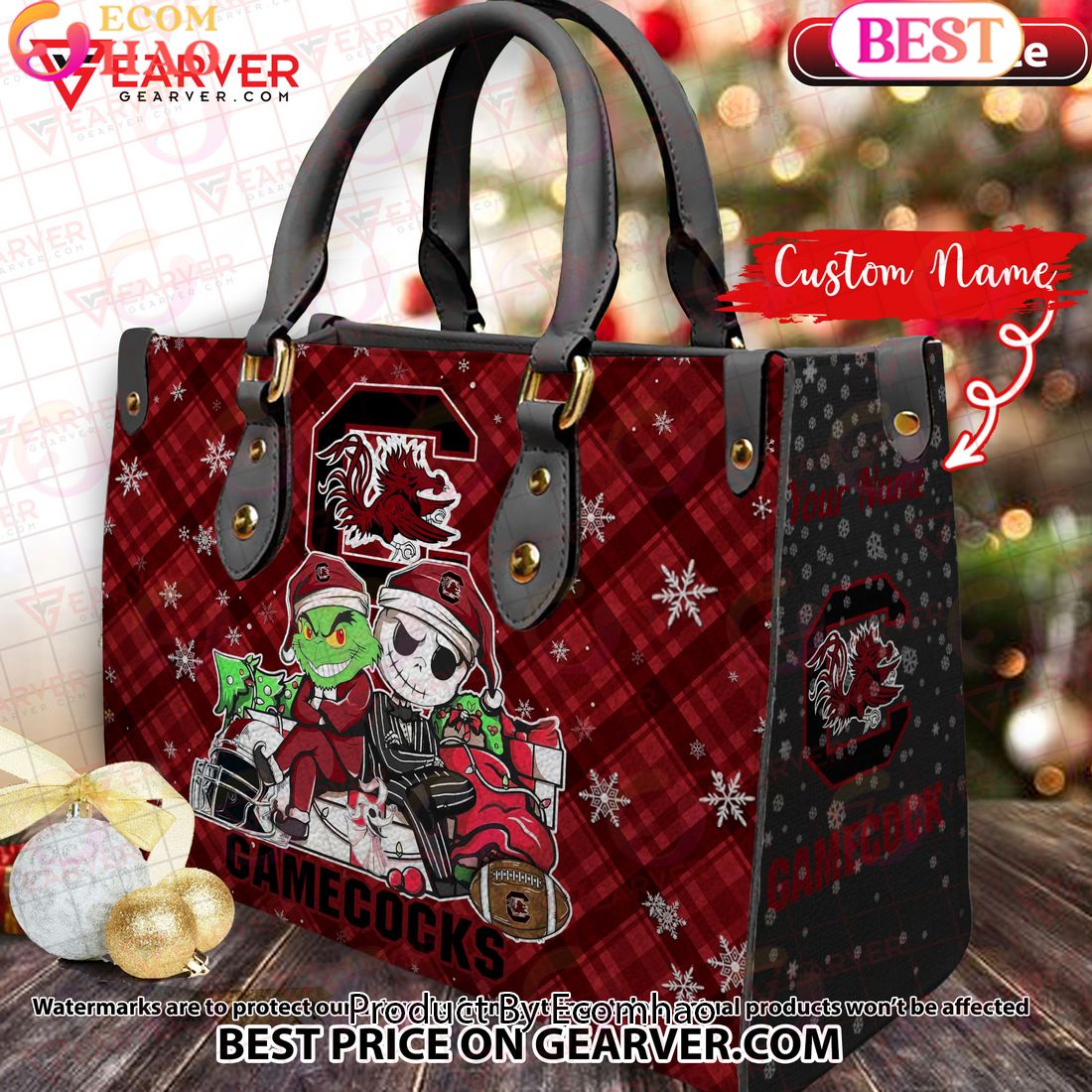 NCAA South Carolina Gamecocks Grinch And Jack Skellington Christmas Women Leather Hand Bag