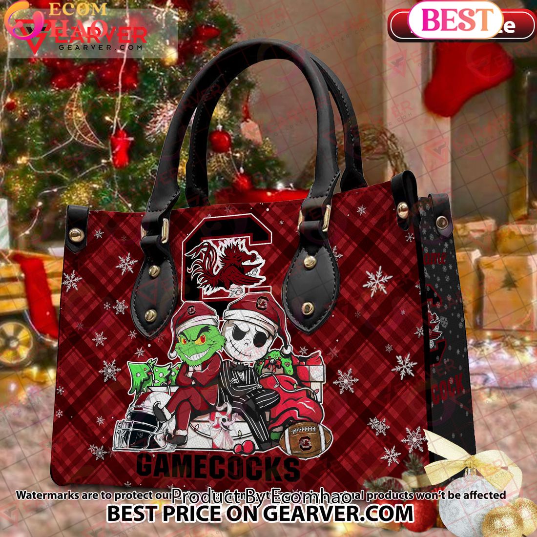 NCAA South Carolina Gamecocks Grinch And Jack Skellington Christmas Women Leather Hand Bag