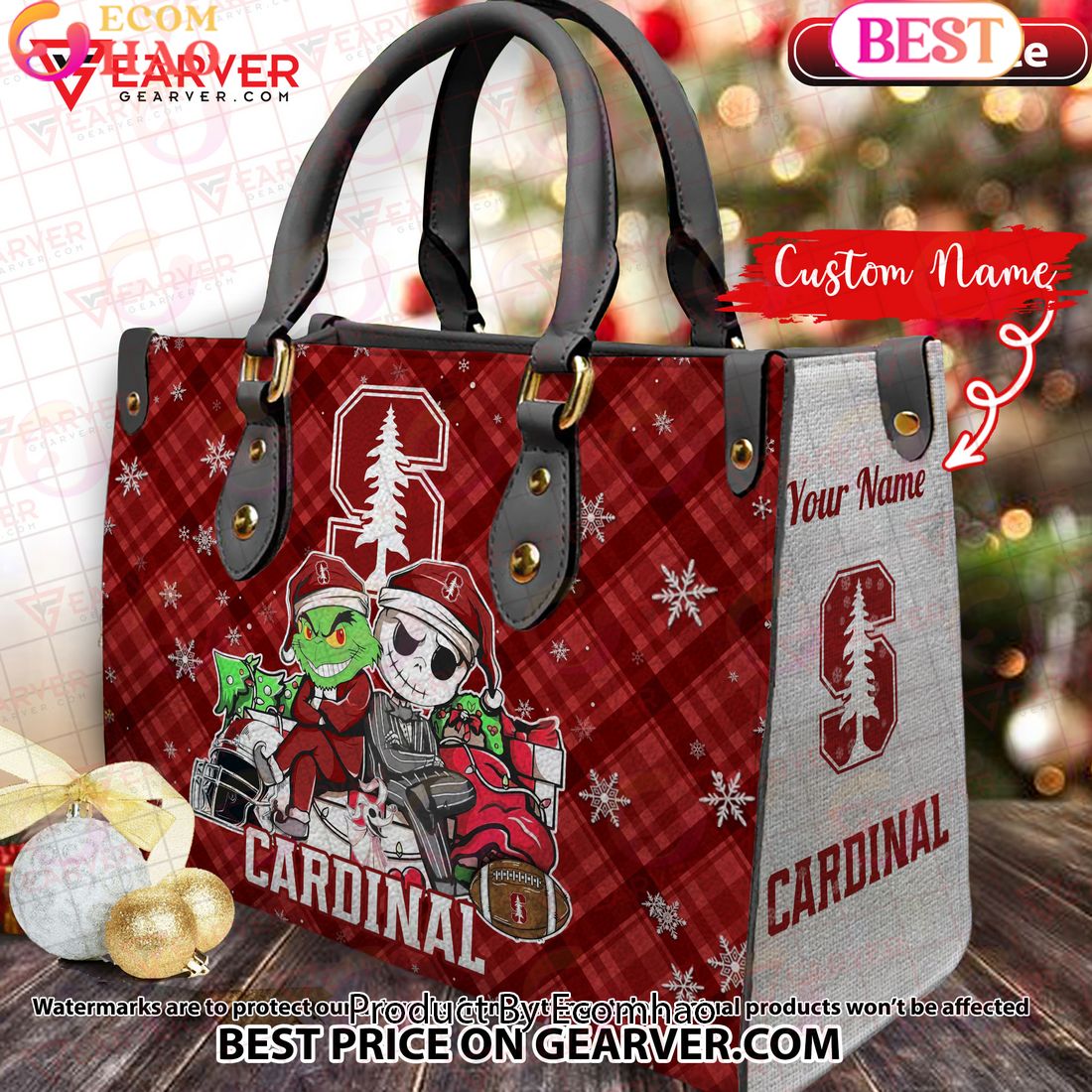 NCAA Stanford Cardinal Grinch And Jack Skellington Christmas Women Leather Hand Bag